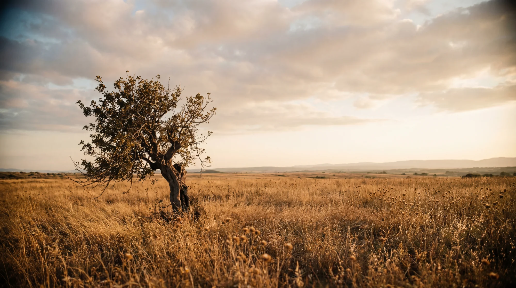 Lone tree in dry meadow — meditative Mallorca landscape