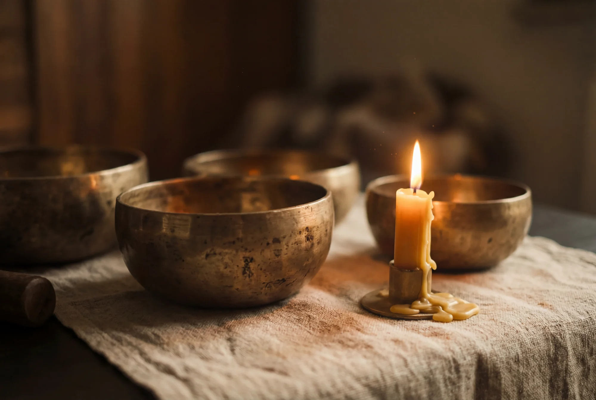 Sound Healing — singing bowls in warm candlelight